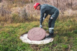 worker lifts a manhole cover