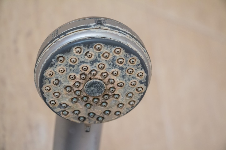 Close-up of a showerhead covered in heavy mineral and calcium deposits from hard water.